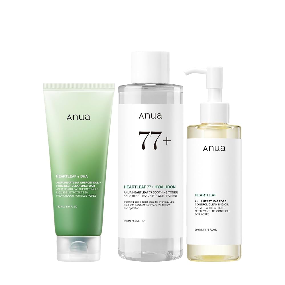 Anua HeartLeaf 77 Toner, Pore Cleansing Oil, Deep Cleansing Foaming Cleanser KIT